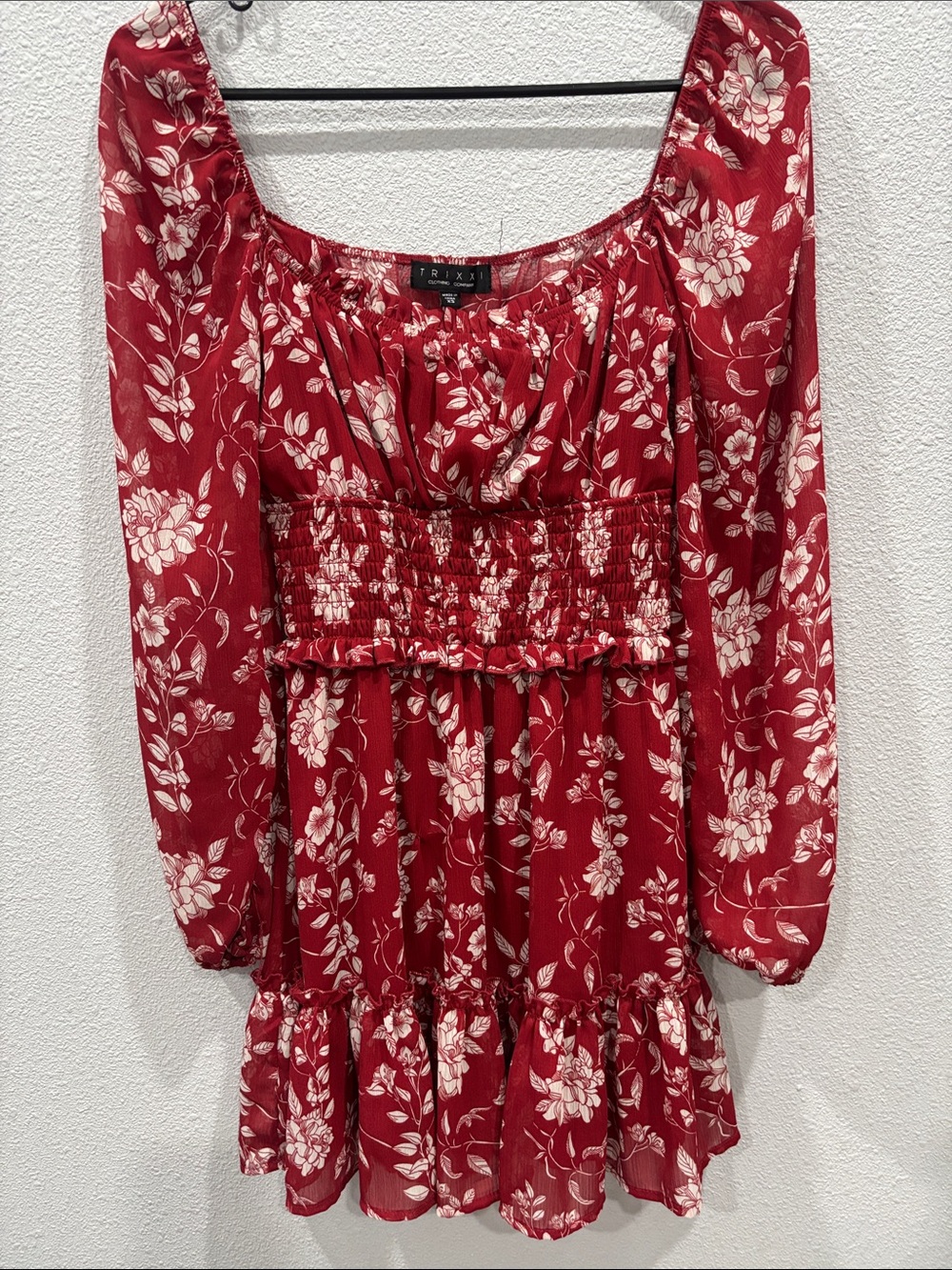 Trixxi Burgundy Floral Long Sleeve Smocked Mini Dress